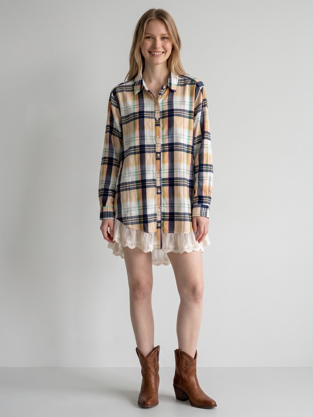 Umgee Tunic Mini Dress Size L Plaid Lace Trim Long Sleeve Western Cowgirl Casual